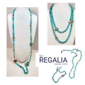 ✨Hand Knotted Aqua Gemstone Necklace w/Amazonite, Pearls &
Abalone Focal Points✨